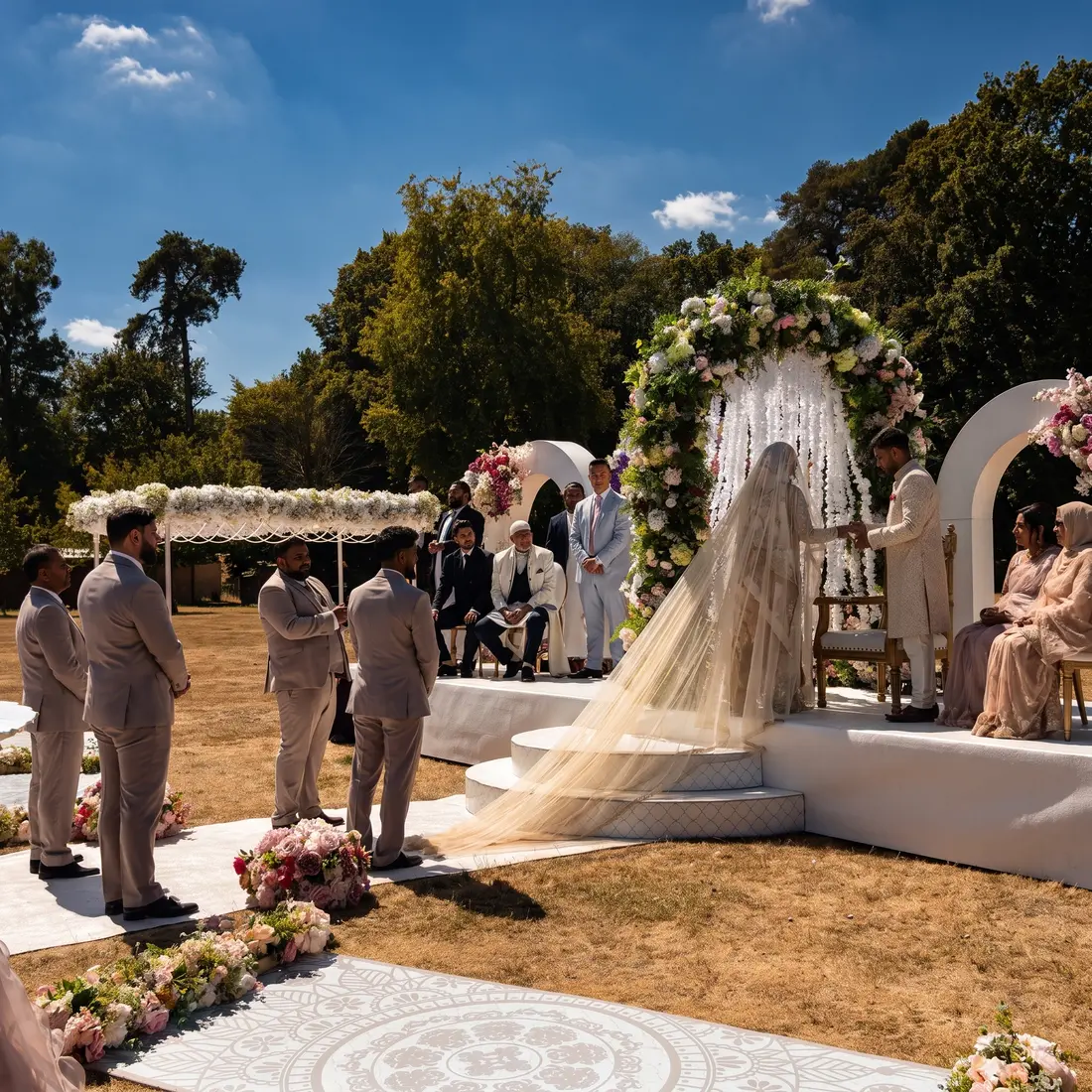 The Royal Blooms flower canopy carried by four groomsmen over the bride during an Asian wedding entrance