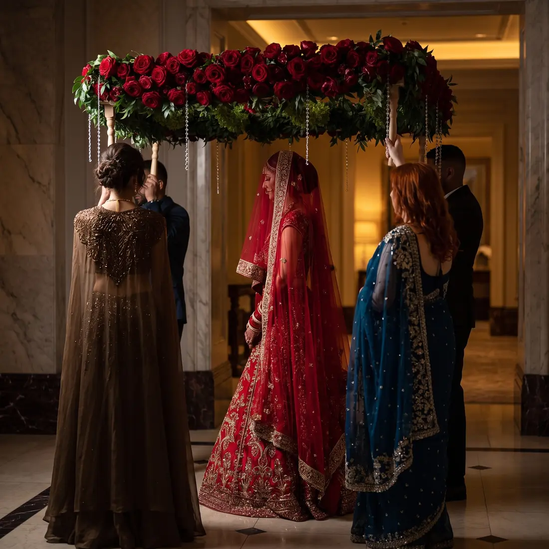 Guests celebrating with sparklers as the couple arrives beneath a Royal Blooms flower canopy