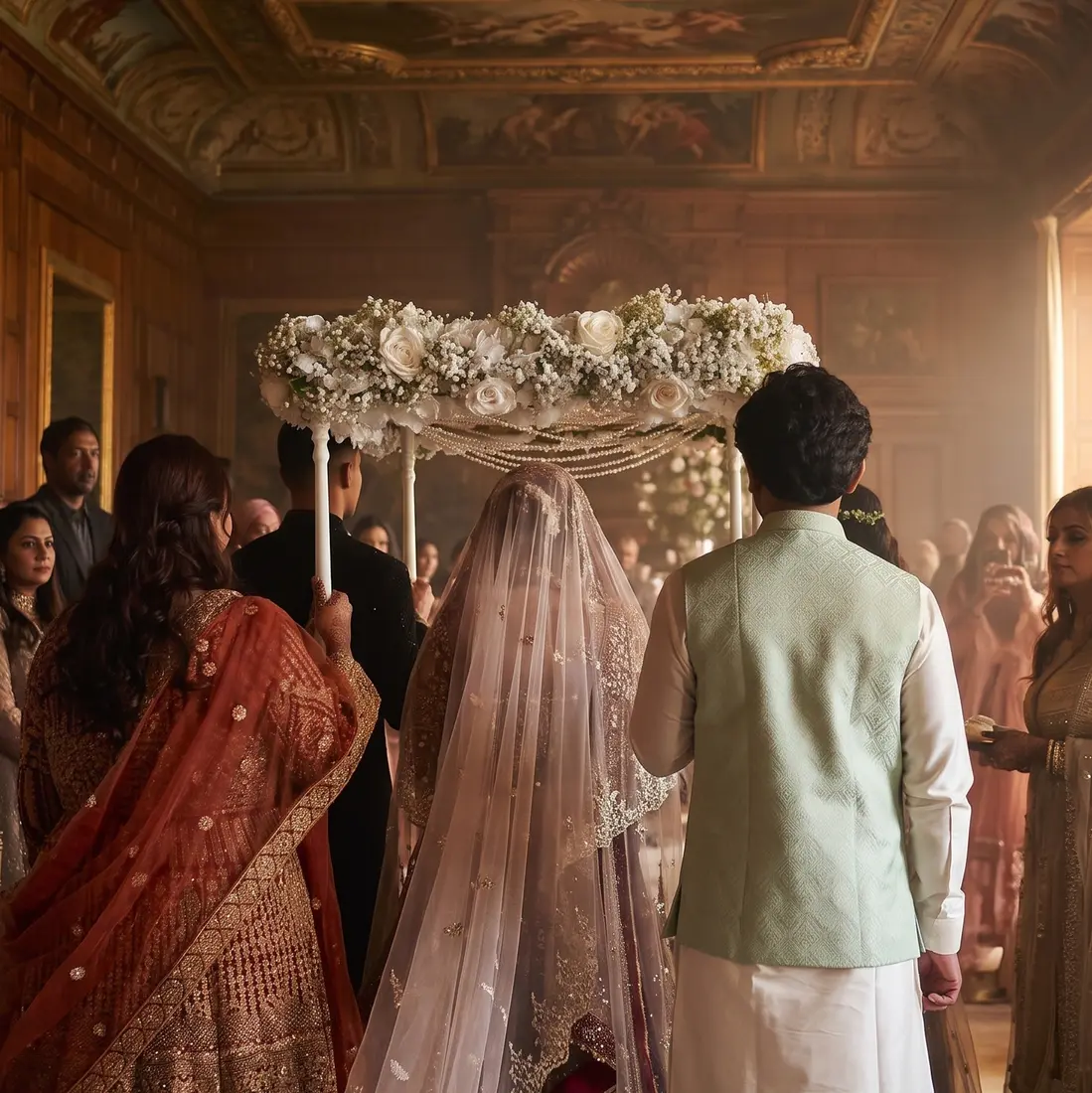 Kiara — pristine white flower canopy with baby's-breath, white roses and pearl strings, set in a courtyard