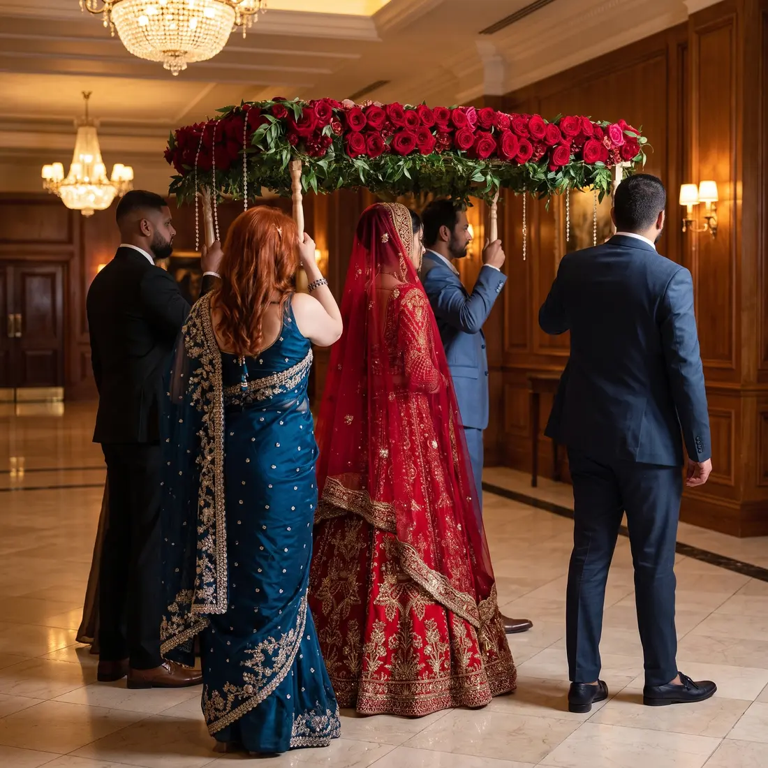 The Royal Roses — flower canopy of deep red roses and greenery photographed in golden evening light